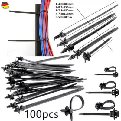 100x Nylon Kabelbinder Befestigung Clips Auto Kfz Leitungsbinder Schwarz Set Neu