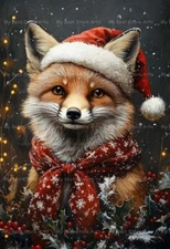 FOX SANTA HAT ART PRINT, Christmas Poster, Holiday Winter Home Decor, Wolf E563