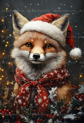 FOX SANTA HAT ART PRINT, Christmas Poster, Holiday Winter Home Decor, Wolf  E563