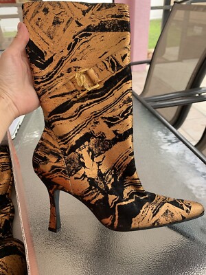 Fantasy Collection Roberto Cavalli Style Bronze Leather High Heeled Boots SZ 6 M