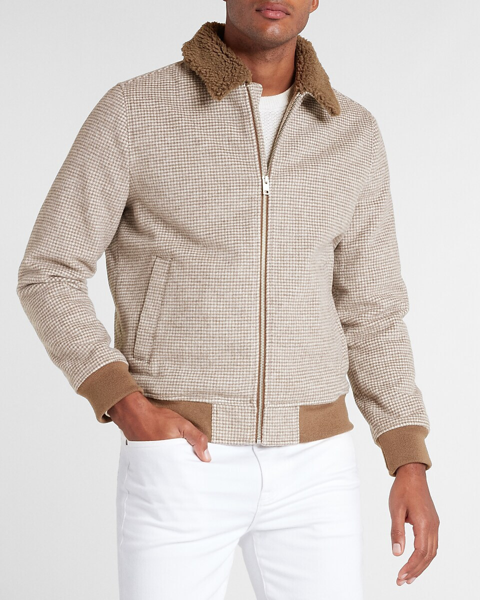 セール☆関税込み☆ ie Sherpa-Sleeved Bomber Jacket NEW EXPRESS $228 TAUPE HOUNDSTOOTH WOOL BLEND SHERPA COLLAR