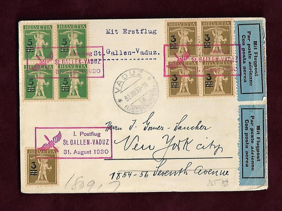Erstflug St. Gallen Vaduz 31 August 1930 Helvetia Liechtenstein par avion; 62144 - Bild 1 von 2