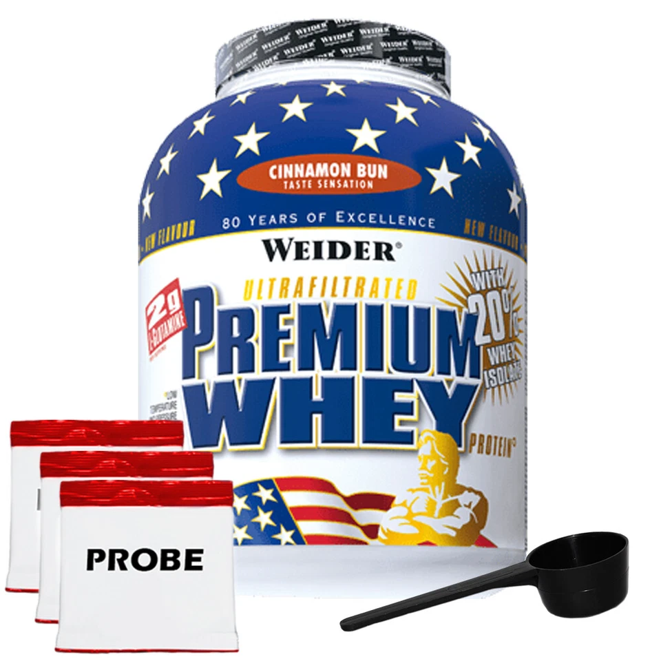 (36,91 EUR/kg) Weider Premium Whey Protein 2,3kg Dose + Dosierlöffel + Proben