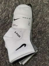 NWT Nike 8 Pairs Lightweight Black White Gray Ankle Socks Unisex Yth 10c-3Y