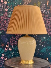 Image of Crackled Glaze Beige vase table lamp with gold trim 18" Pleated Bronze Shade