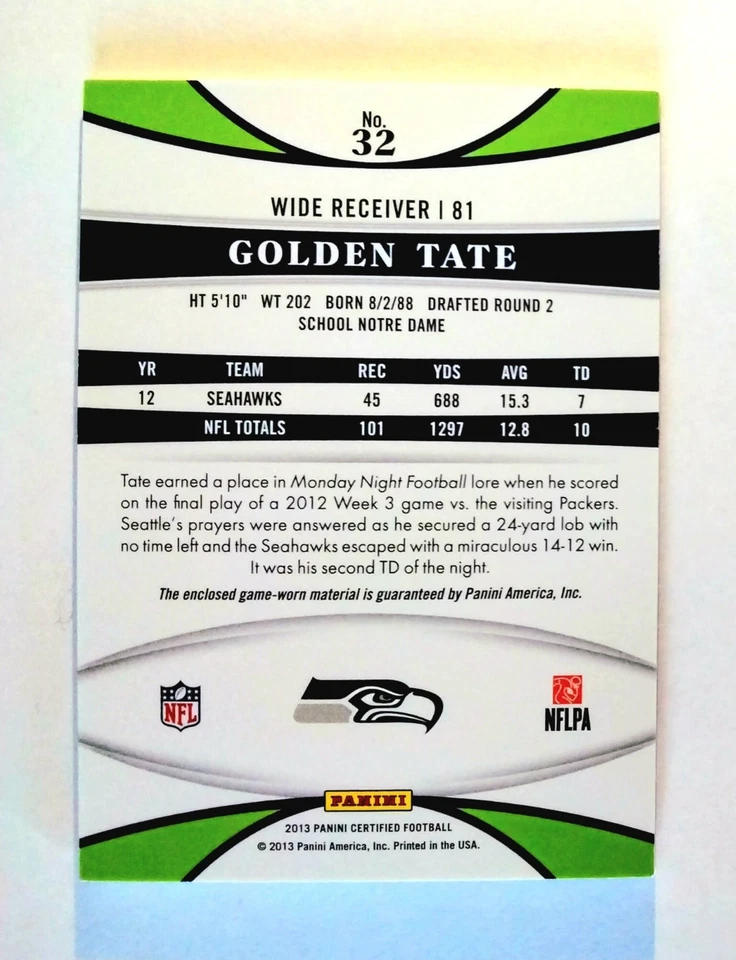 HOF PATCH SP/199 * GOLDEN TATE * 2013 Panini Certified Materials MIRROR RED #32 - Image 4 of 4