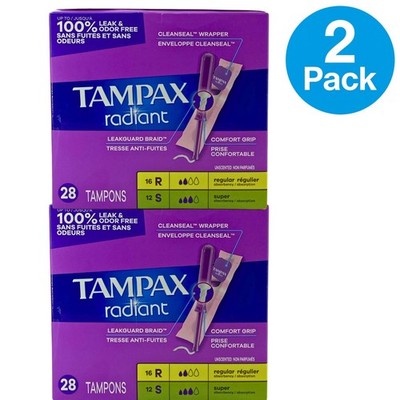 Tampax Radiant Unscented Tampons Regular and Super 28 Count 2 Pack New