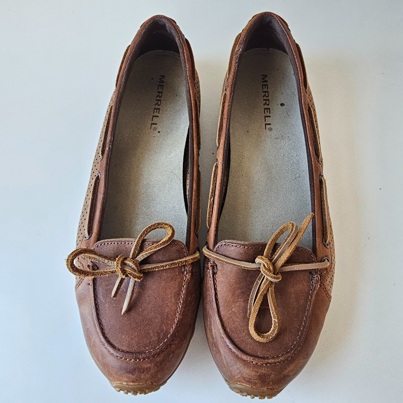 Merrell Marina Vibram Sole Boat Slip-on Womens Brown Tan Leather Loafers 8.5US