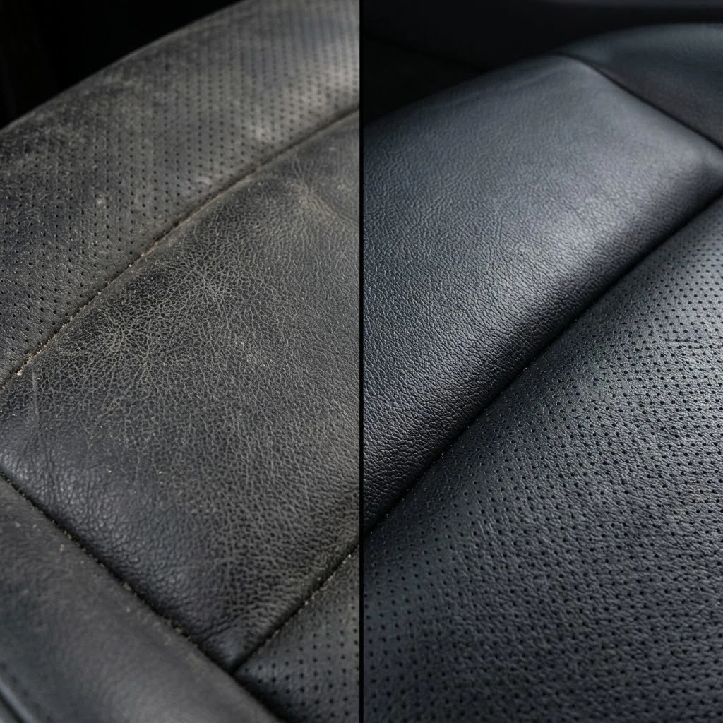 Black Perforated Car Seat Leather Cleaned vs Grimy Macro Split