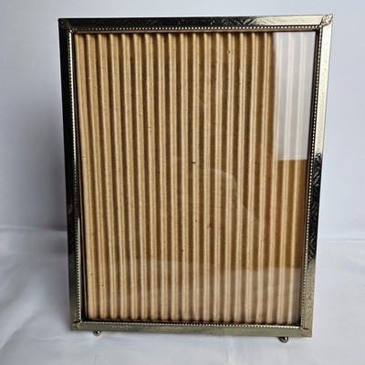 Vtg Metal Photo Frame 8x10 Tabletop Ball Feet Ornate Silver Tone Decor
