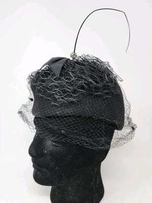 Vintage Don Anderson Hat Black Satin Lace Cocktail Auntie Funeral Veil SEE!