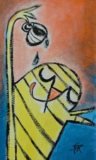 ACEO Cat Painting Original Collectible Funny Coffee Folk Art By Samantha McLean