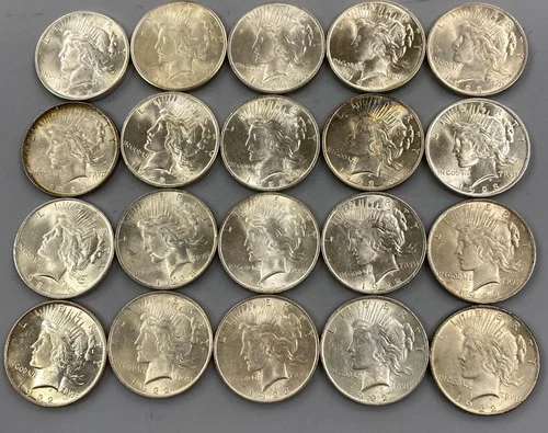 20 BU US 90% Silver Peace $1 8-1922 8-1923 2-1924 2-1925 L23779