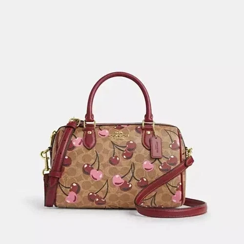 Borsa a tracolla Coach Rowan nuova firmata tela con stampa ciliegia CY692 marrone multi