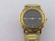 Vintage Gruen Quartz Watch Fancy Roman Numerals Bezel for Repair or Parts