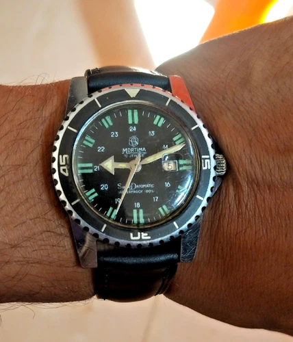 Orologio Vintage Mortima Superdatomatic Pelle Subacqueo Meccanico Made Francia Anni 70