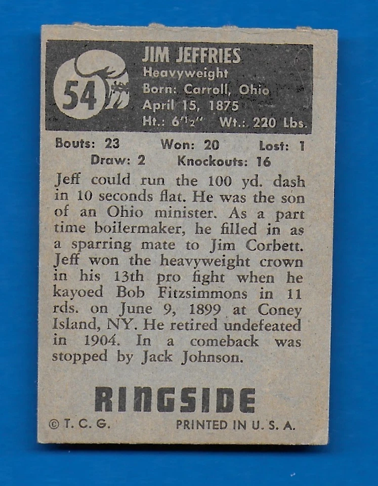 1951 Topps Ringside #54 Jim (James J) Jeffries Heavyweight Champion - Image 2 of 2
