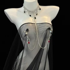 BDSM Bondage Body Harness Chain with Nipple Clamps Choker, Butterfly Clips