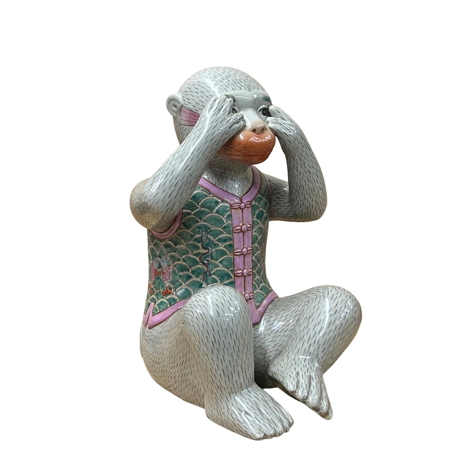 Set 3 Vintage Gray Green Dress No Evils Ceramic Art Monkey Figures ws4739 - Image 4 of 4