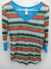 No Boundaries Womens Top Large Cheetah Striped Blue Lace V-Neck Shirt 3/4 Sleeve