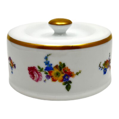 Porcelain de Baudour Floral Covered Butter Lid Gold Trim Cerabel Belgium