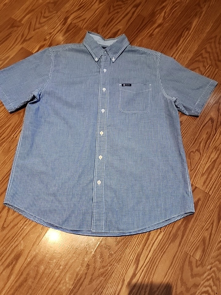 Chaps Mens Short Sleeve Shirt Button Lg Down Easy Care Blue White