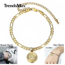 Gold Plated Initial Anklet Bracelet Stainless Steel Hex/Round A-Z Figaro Chain