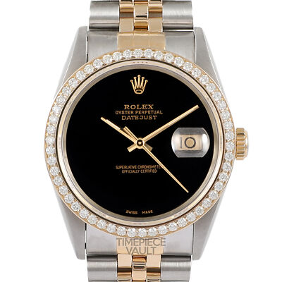 ROLEX DATEJUST 16013 S/STEEL & 18K GOLD 36MM WATCH BLACK ONYX DIAL