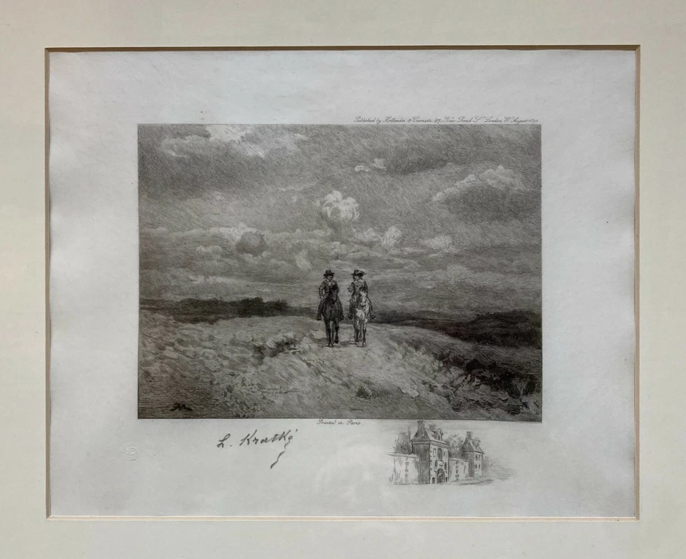 Acquaforte London 1892 Antico Paris Paesaggio Cavalli Persone Cornice Decorata - Immagine 4 di 4