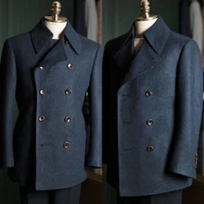 Men Overcoat Suits Tweed Herringbone Wool Blend Coat Regular Fit Double Breasted
