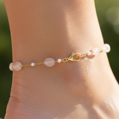 Handcrafted Minimalist Rose Quartz Anklet 18K Gold Plated Brass Chain Anklet