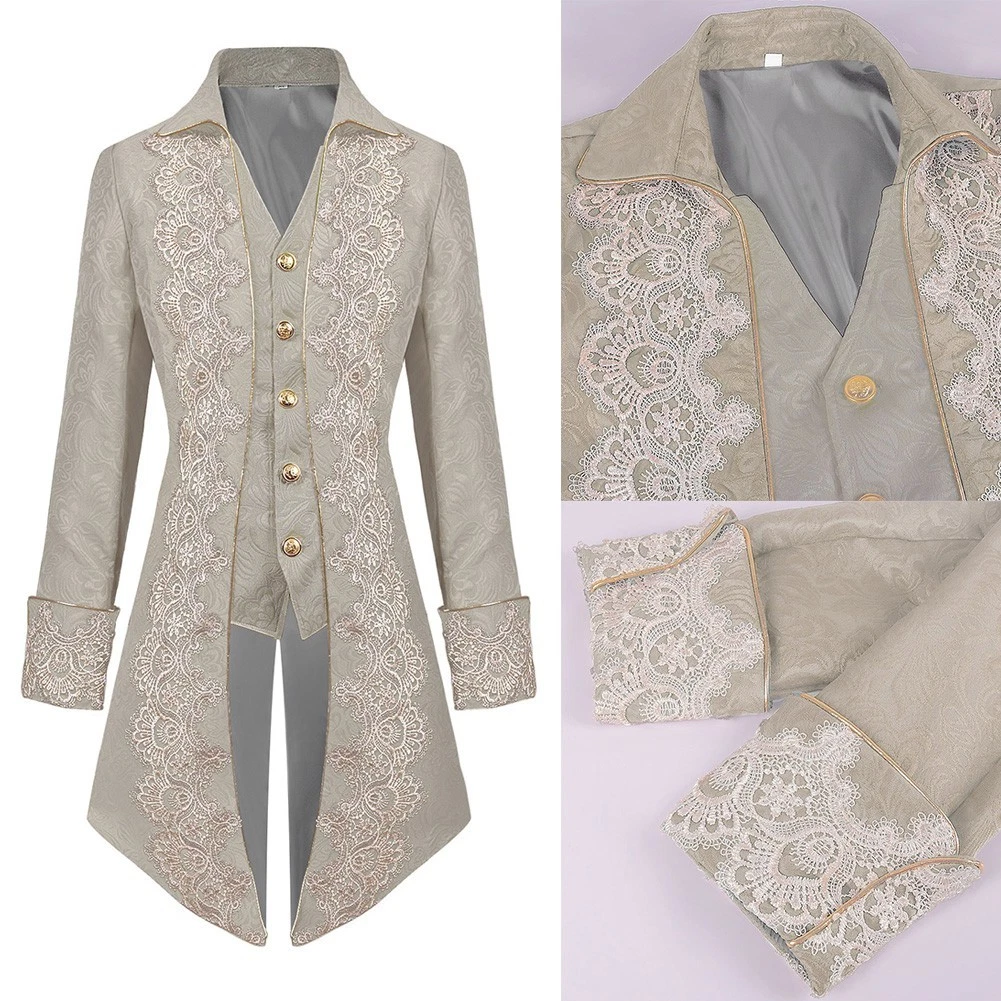 Steampunk Style Men's Jacket with Decorative Pattern and Lapel Neckline