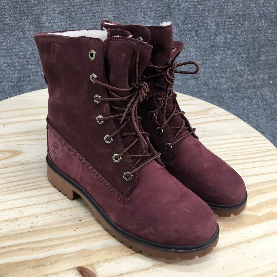 Timberland Waterproof Boots Womens 7.5 Jayne Burgundy Leather Faux Fur Fold - Image 3 of 4