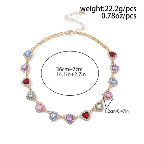 Colorful Rhinestone Chain Necklace Love Rhinestone Love Heart Necklaces Women - Picture 2 of 10