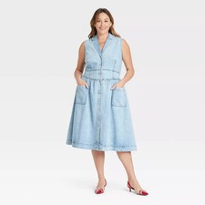 Women's Denim Midi A-Line Dress - Ava & Viv Light Wash 22