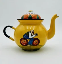 VTG Unique Yellow Enamel Czech Teapot Bicycle Design