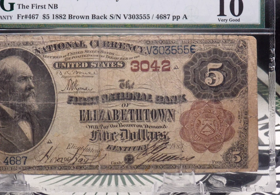1882 $5 National Brown Back Bank Note *ELIZABETHTOWN* KY Fr#467 PMG VG10 CH#3042 - Image 3 of 4
