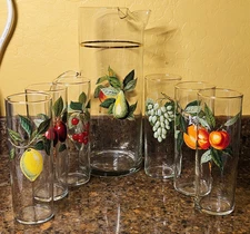 Vintage West Virginia Glass Ice Tea Set Pitcher And 6 Glasses Fruit Graphics MCM