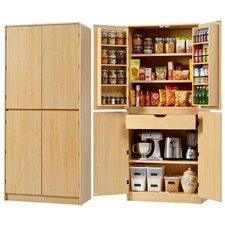 72" Farmhouse Pantry Cabinet w/ Adjustable Shelves & Drawer, Natural