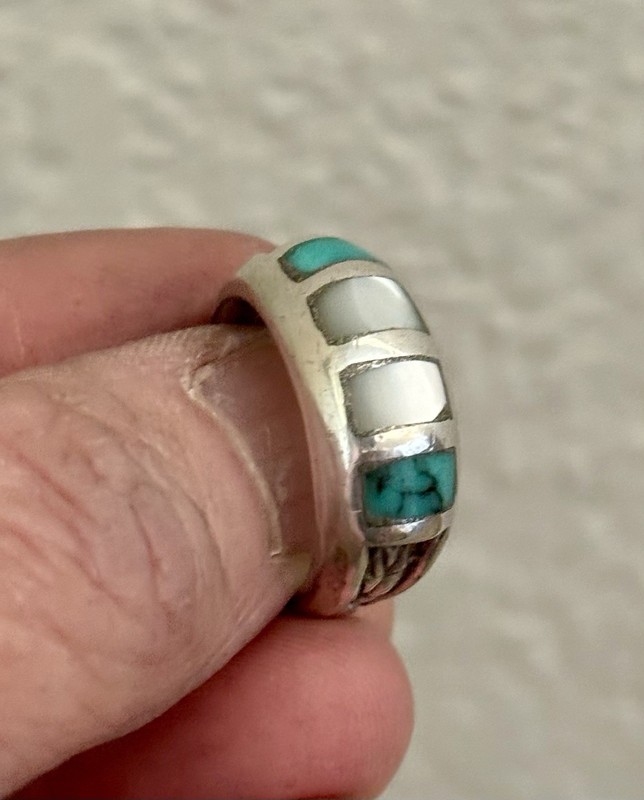 Vintage Southwestern Turquoise Pearl Inlay Silver Ring Sz 5.25 (Sterling?)