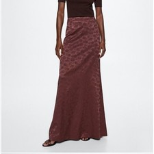 MNG Jacquard Satin Midi Skirt Maroon Size XS
