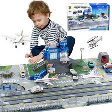 Airplane Toy Set with Trucks, Helicopter, Planes, Signs and Airport Playmat,