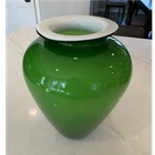 Vintage MCM Green  Glass Vase with White Rim 10” Murano Glossy Finish Hand Blown