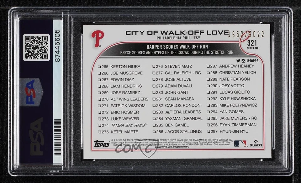 2022 Topps Series 1 Gold /2022 Bryce Harper Checklist #321 PSA 10 GEM MT - Image 2 of 2