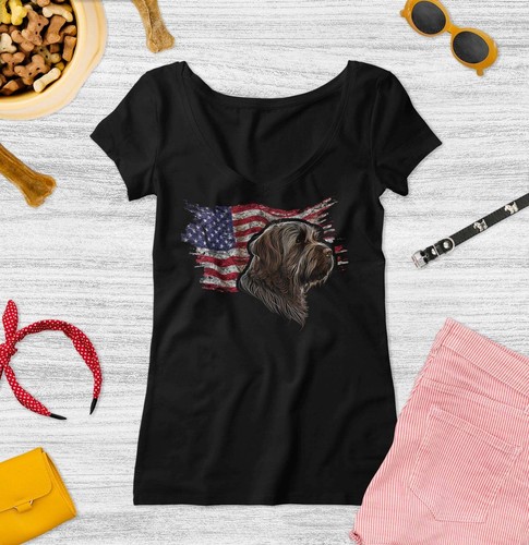 Patriotic Wirehaired Pointing Griffon American Flag - Women's V-Neck T-Shirt - Picture 2 of 10