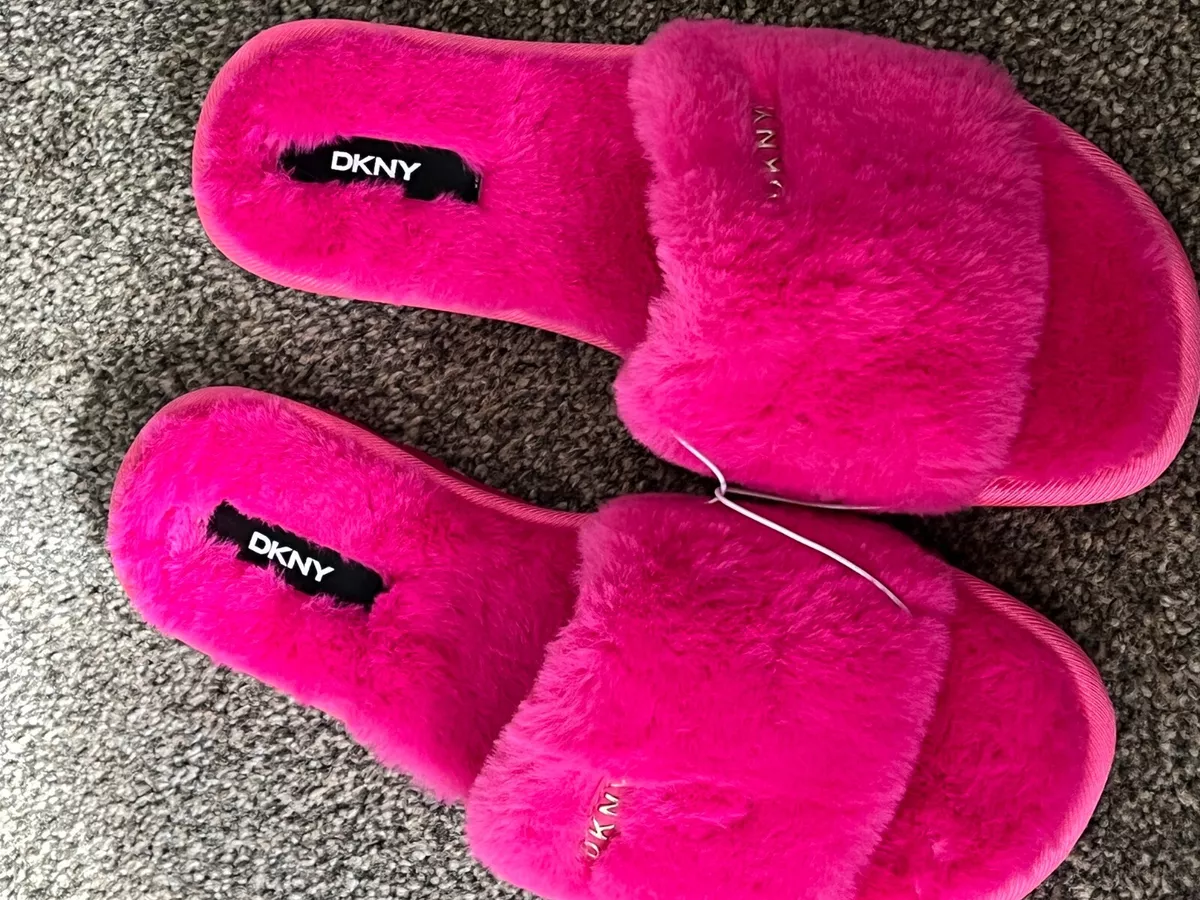 DKNY Ladies Pink Fluffy Sliders Slippers Uk 7 New