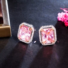 Yellow Gold Plated Pink Cubic Zirconia CZ Big Square Cut Stud Earrings for Women
