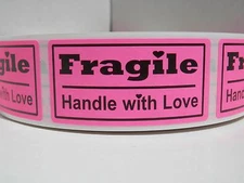 FRAGILE HANDLE WITH LOVE 1x2 fluorescent pink Warning Stickers Labels 250/rl
