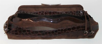 Escada Brown Suede Leather Croc Patent Leather Clutch Bag