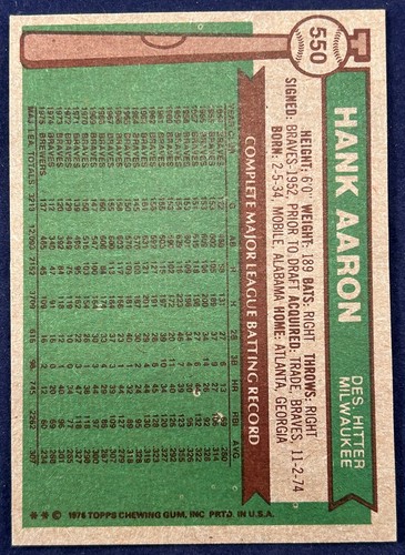 1976 Topps #550 Hank Aaron Card, Milwaukee Brewers HOF - Picture 4 of 6